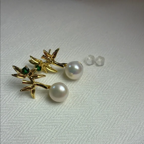 Gold Leaf Pearl Drop Earrings |Sterling Silver Posts | Christmas Gift for Her - Picture 2 of 6